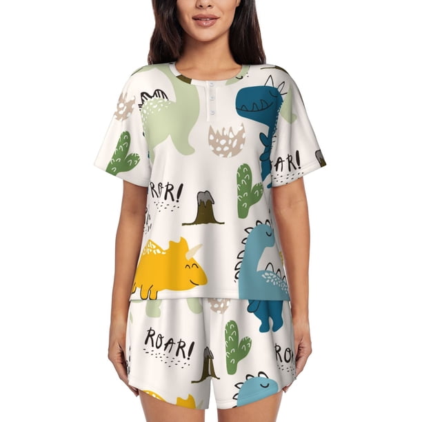Fotbe Childish Dinosaur Conjunto de Pijama Estampado para Mujer, 2 Piezas, Ropa de Dormir con Camiseta de Manga Corta y Shorts Suaves-Small