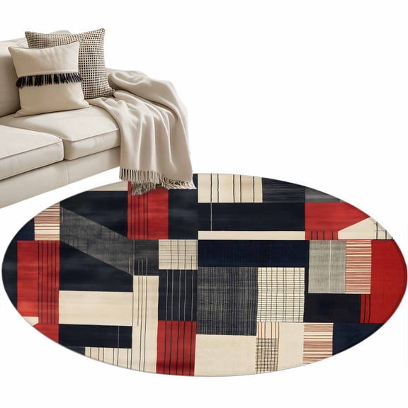 Red Black Beige Large Area Rugs for Bedroom Living Room, Soft Non Slip Carpet Bedside Rug, Retro Abstract Geometric Striped Art Round Floor Cover Kitchen Accent Rug 3' for Dining Room/Office