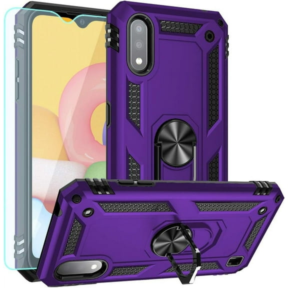 for Galaxy A01 Case,Samsung A01 Case,with HD Screen Protector,[Military Grade] Ring Car Mount Kickstand Hybrid Hard PC Soft TPU Shockproof Protective Case for Samsung Galaxy A01 (Purple)
