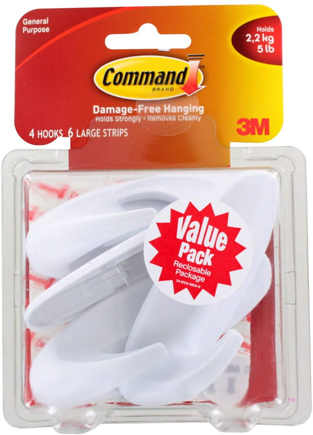 Command Designer Large Plastic Hook, White, Pack of 4, Hanging hooks