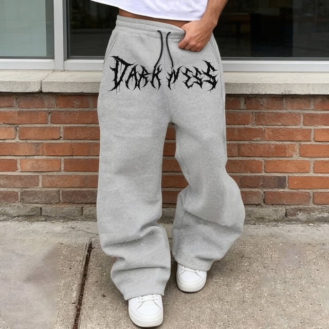 Gothic Print Drawstring Casual Pants for Everyday Men Featuring Straight Fit and Dark Design for Streetwear