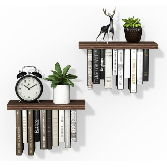 AUATRONNE Floating Bookshelves Set of 2, Solid Wood & Metal Bracket Wall Mount Bookshelf, Invisible Book Shelf Floating, DIY Room Decoration Hanging Bookshelf(17.5W*7D)