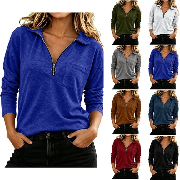 Sweatshirt for Women Zaewscy Women Lapel Collar Solid Color Zipper Pocket Top Pullover Coat Sweatshirt Blue L