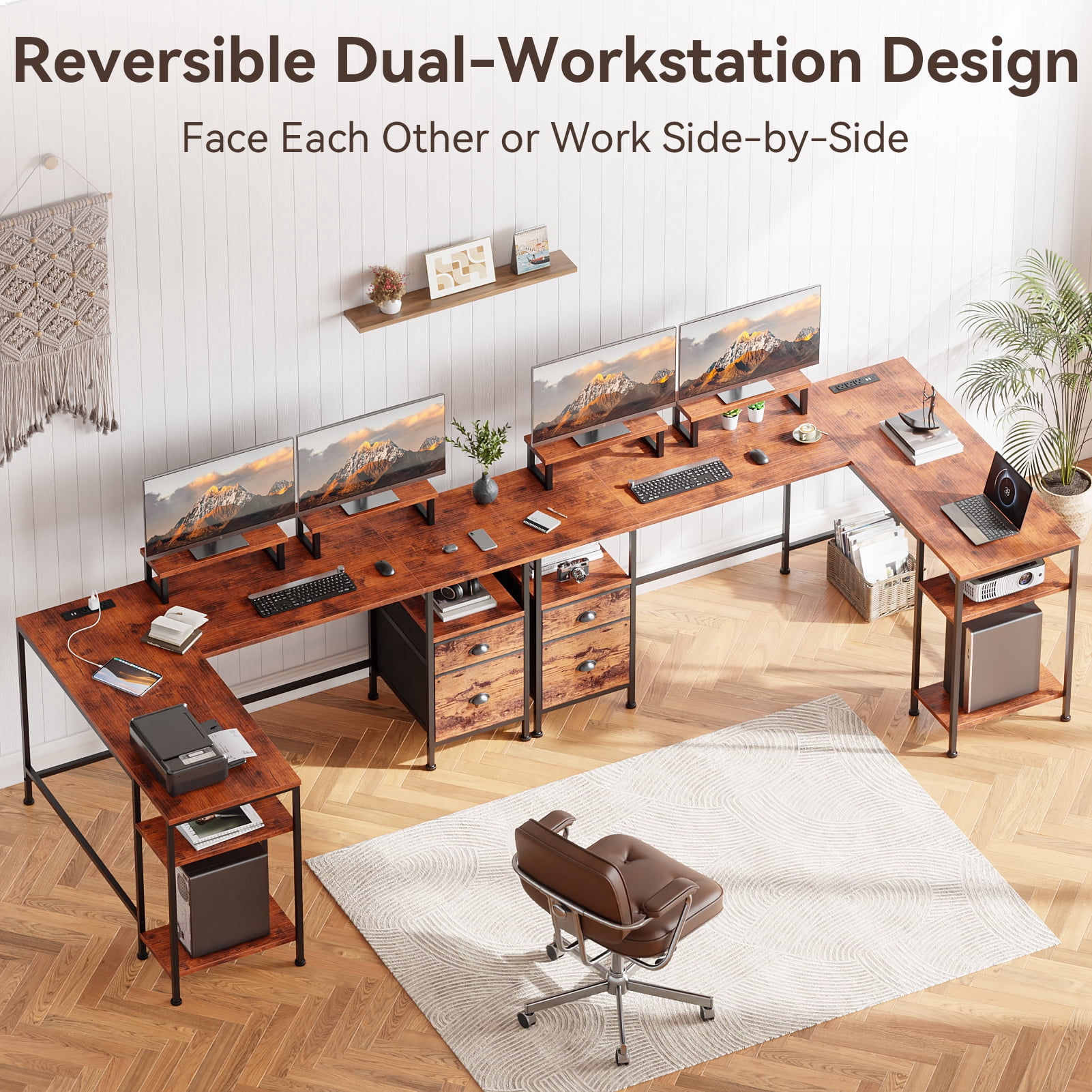 Satifur Computer Desk 66" L-Shaped, Corner Desk with Power Outlet, Reversible Gaming Desk, Rustic Brown