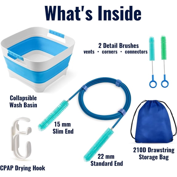 CPAP Cleaning Kit with Collapsible Wash Basin & Cleaning Supplies, Dual-Ended 22 mm & 15 mm Hose Brush, 2 Detail Brushes, Hook & 210D Storage Bag for CPAP/BiPAP Tubing & Mask Care (Routine Kit)