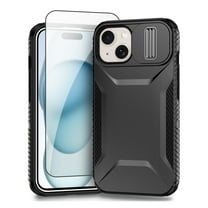 Allytechgroup iPhone 15 Case with Screen Protector, Rugged Hybrid TPU PC Back Hard Shell Cover Anti-Scratch Sliding Camera Lens Protector Phone Case for Apple iPhone 15, Black