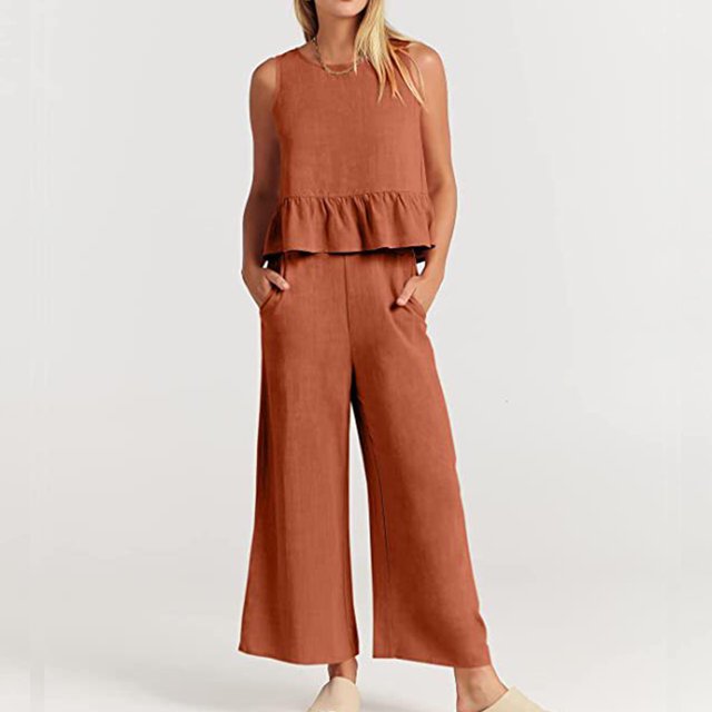 Trajes De Verano De 2 Piezas Conjuntos de pantalones de algodón de 2 piezas Ropa diaria de pierna ancha para mujer sin espalda (Naranja XXL) Cgtredaw Para estrenar