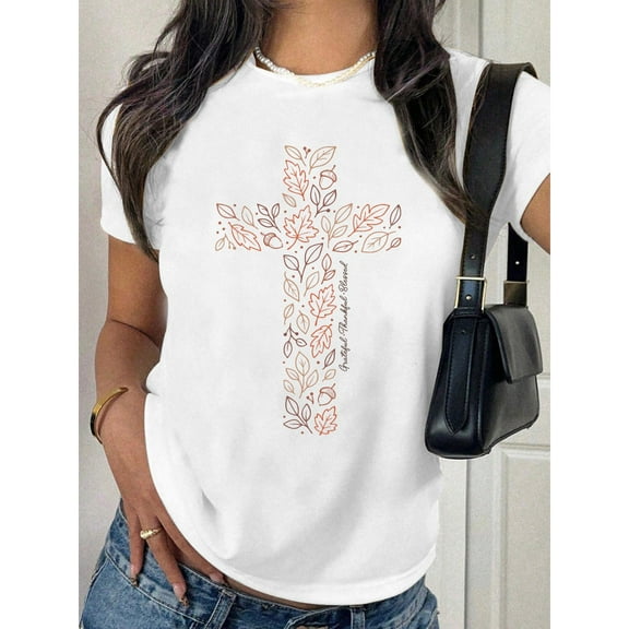 Grateful Thankful Blessed Graphic Tee Orange Leaf Cross Design Inspirational Comfort Cotton T-Shirt White S-5XL