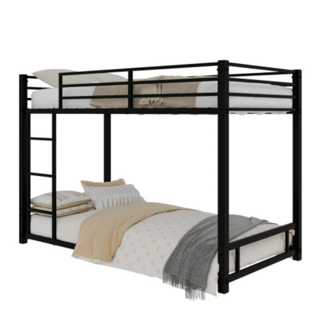 Twin Over Twin Metal Bunk Bed, Heavy-Duty Frame with 13" Guardrails, 3-Step Ladder, Noise-Reduced Slats, No Box Spring, Black