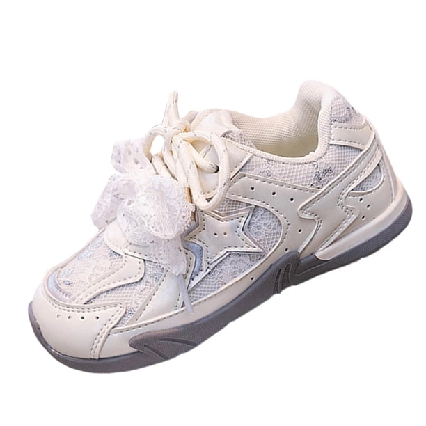 Encajes de Zapato Blanco para Niños Primavera Y Verano Niñas Planas Suaves de Moda de Malla de Estrellas Encaje Casual Arco Zapatos de Carrera Encajes de Zapato Blanco para Zapatillas Deportivas