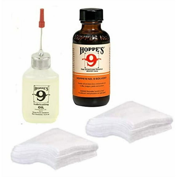 Hoppes 9 Gun Bore Cleaner, Precision Oil, Cotton Patches for 9mm.357.38.40.45 Caliber Gun Cleaning Kit