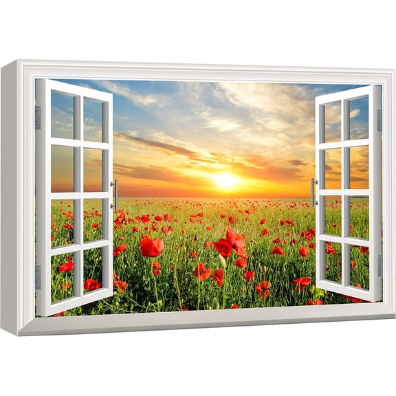 Aaheei Canvas Print Wall Art Window View Landscape Sunset Red Poppy Flower Field Nature Wilderness Photography Modern Art Rustic Scenic Colorful Multicolor for Living Room, Bedroom, Office