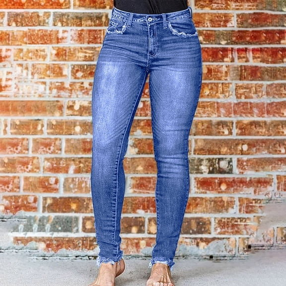 Women's High Waisted Skinny Jeans, Medium Wash Slim Fit Denim Pants with Worn-In Hem and Pocket Details, Stretchy Slim Leg Jeans for Women Casual Wear Blue L