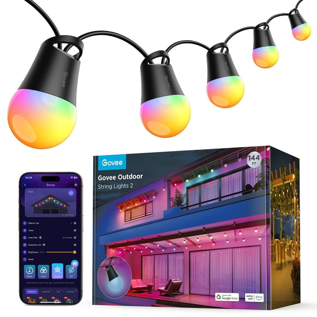 Cadena de luces para exteriores Govee Smart RGBIC de 144 pies con 47 modos
