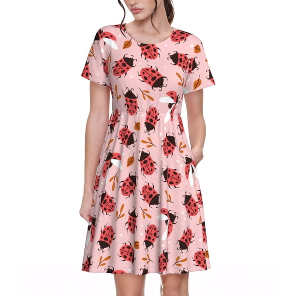 Disketp Cute Ladybugs 1 para Vestido de Manga Corta para Mujeres, Vestidos de Verano para Mujeres, Casual y Holgado para la Playa