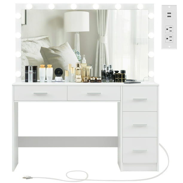 usikey 47.2" Large Vanity Desk with Large Lighted Mirror, 14 Lights