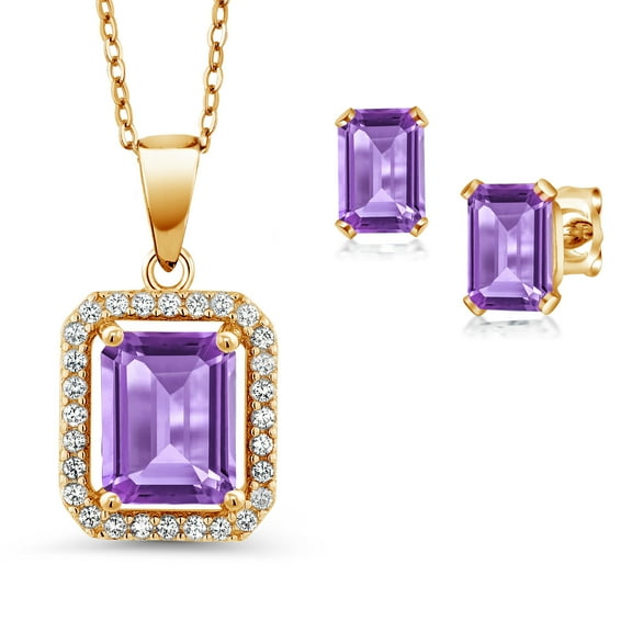 Gem Stone King 18K Yellow Gold Plated Silver Purple Amethyst Pendant and Earrings Jewelry Set for Women (3.90 Cttw, Emerald Cut 9X7MM and 6X4MM, Gemstone February Birthstone, with 18 inch Chain)