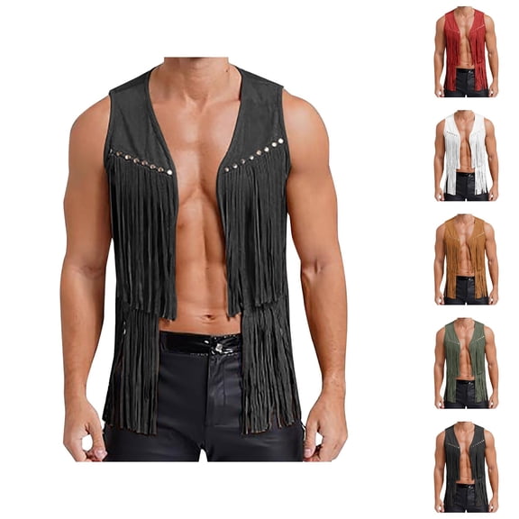 Western Cowboy Vest Men Sleeveless Suede Open Front Tassel Fringe Vest 70s Hippie Jacket Outerwear