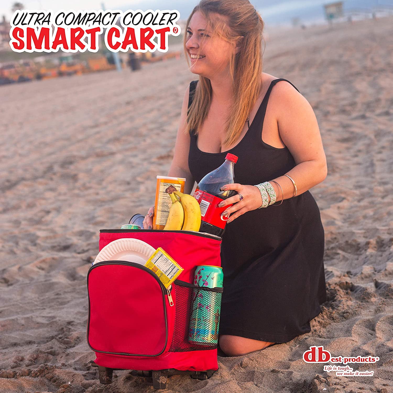 dbest products Ultra Compact Cooler Smart Cart, Red Insulated Collapsible  Rolling Tailgate BBQ Beach Summer