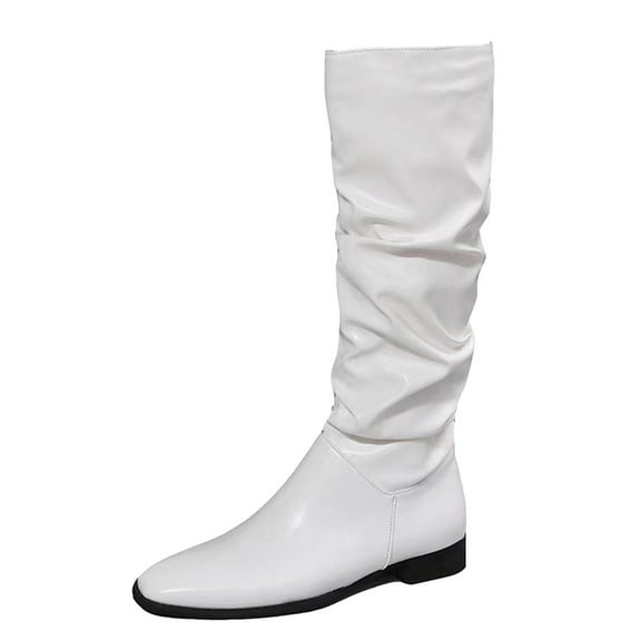 Xiaoxatg Ladies Mid-Calf Boots Fashionable Solid Color Leather Wrinkled Pointed Toe Flat Long Boots for Women 9.5 White