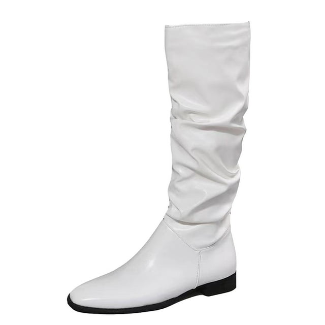 YOUSNH Ladies Fashion Solid Color Leather Wrinkled Pointed Toe Flat Long Boots Boots for Lady White 8