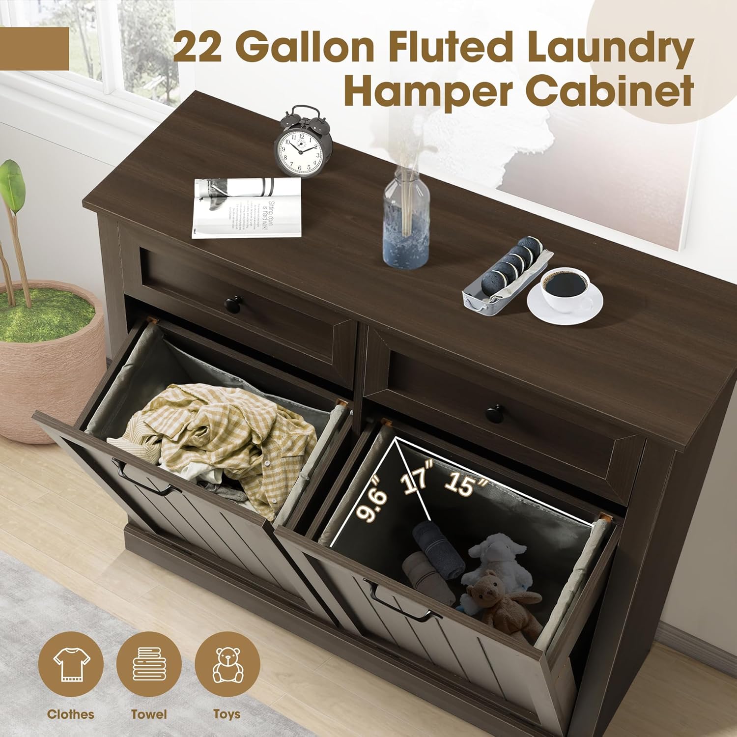 Magic Union Tilt Out Laundry Hamper Cabinet, 22 Gallon Double Hidden Laundry Hamper, Wooden Trash Can Cabinet with 2 Drawers, Farmhouse Garbage Can for Bathroom, Kitchen, Living Room
