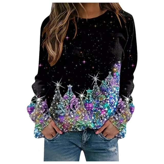 WEAIXIMIUNG Robe Chandail en Molleton Filles Femmes Noël Col Rond Haut Unique Imprimé Chandail en Molleton Sans Capuche