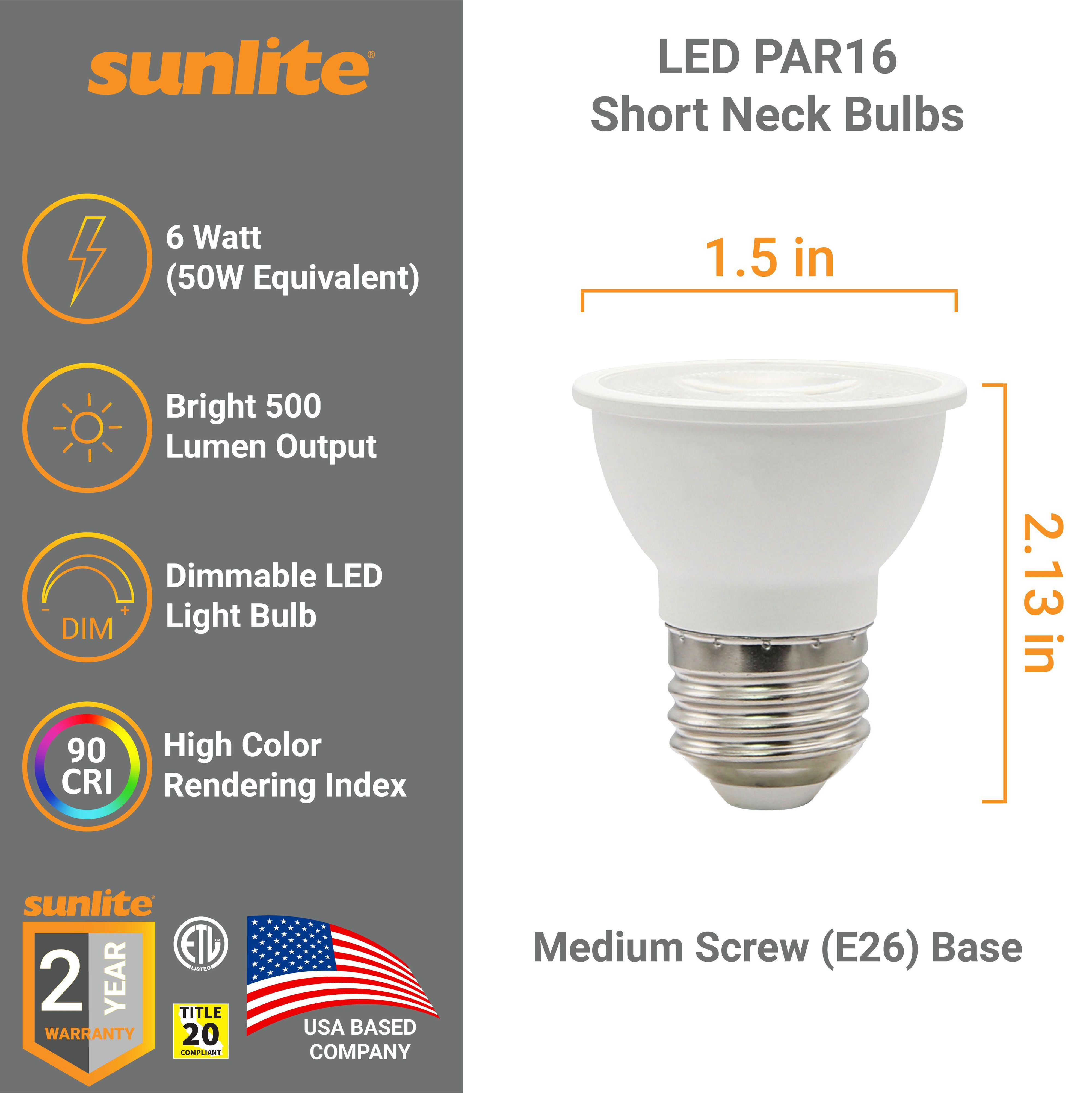 Sunlite LED PAR16 Short Neck Recessed Flood Light Bulb, 6 Watts (50W Halogen Replacement), Medium E26 Base, Dimmable, ETL Listed, 3000K Warm White, 6-Pack