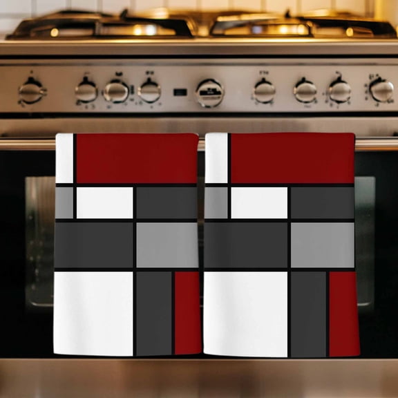 Modern Geometric Red Black Kitchen Towels Set of 2, Abstract Minimalist Color Blocks Absorbent Dish Towels for Kitchen, Microfiber Hand Towel, Quick Drying Tea Towel for Cleaning Dishcloths