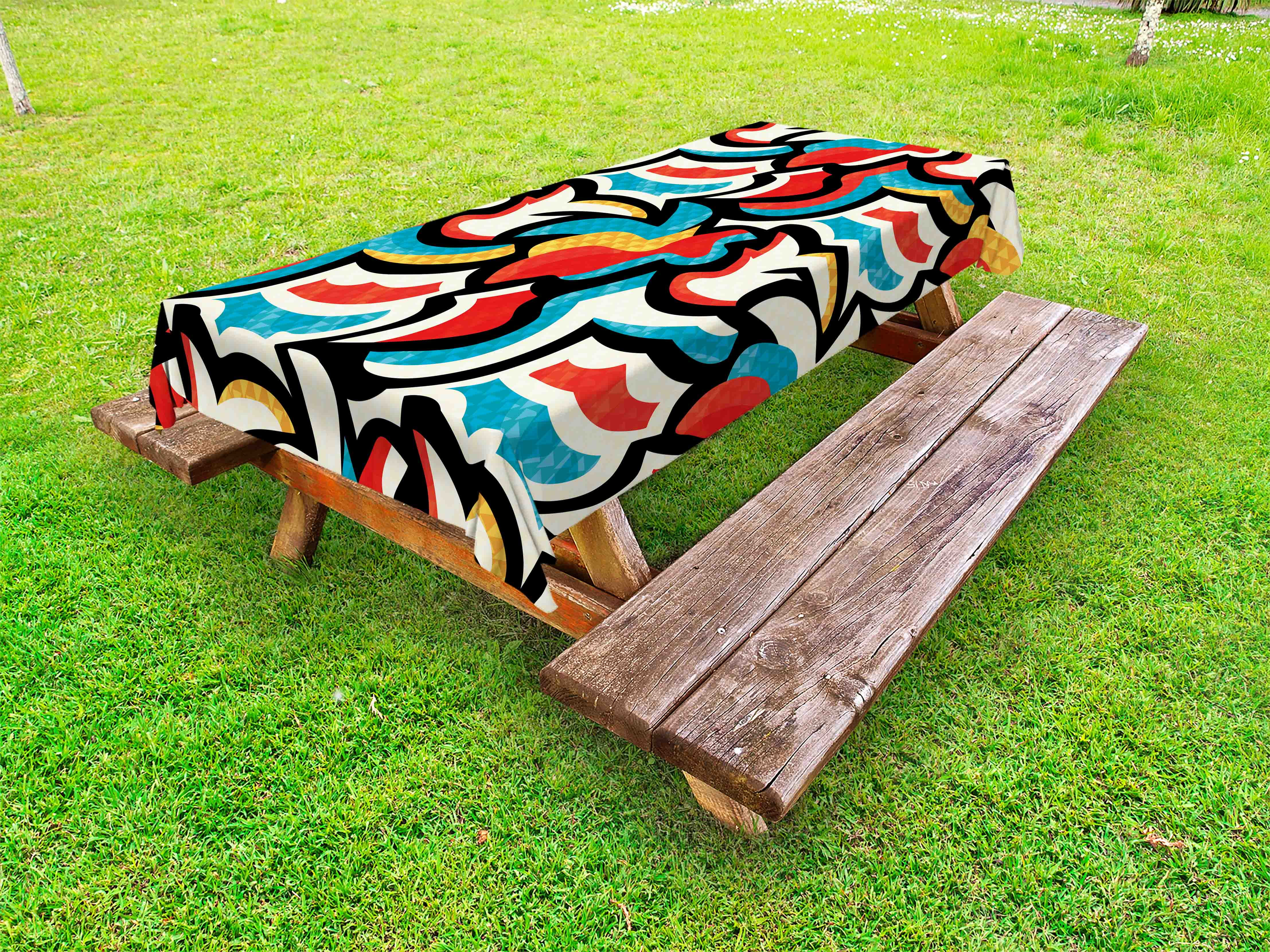 Psychedelic Outdoor Tablecloth, Graffiti Inspired Street Art Style Pattern Retro Style Modern