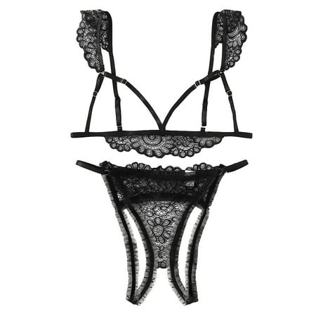 

NECHOLOGY Adult Lingerie Womens Sleepwear Lingerie Set Plus Women Bra+Thong Black Lace Size Underwear Open Cup Lingerie Underwear Black X-Large