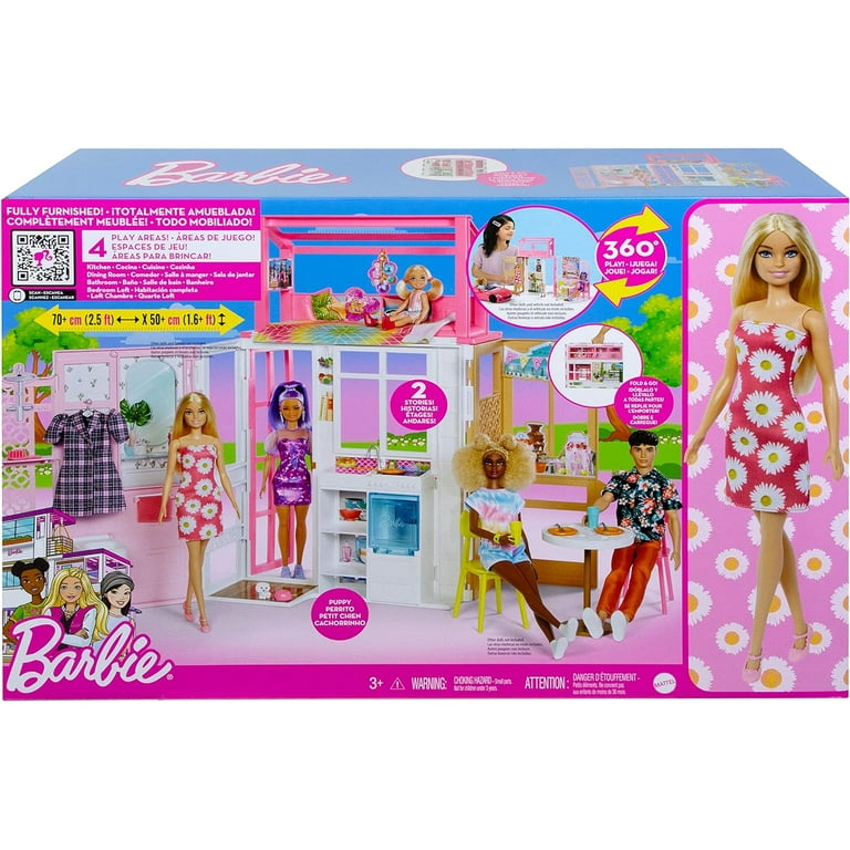 Barbie Dollhouse with Doll, 2 Levels & 4 Play Areas, Fully Furnished, 3 to  7 Year Olds