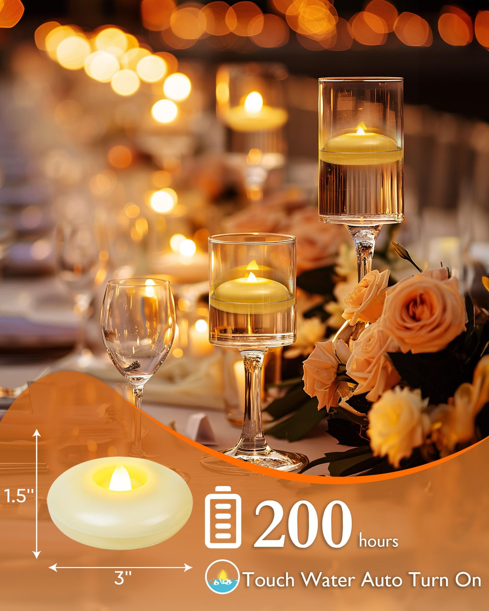 Amagic 24Pack 3” Flameless Led Floating Candles, Ivory Base,200 Hour Plastic Battery Operated,Flickering Waterproof Tealights