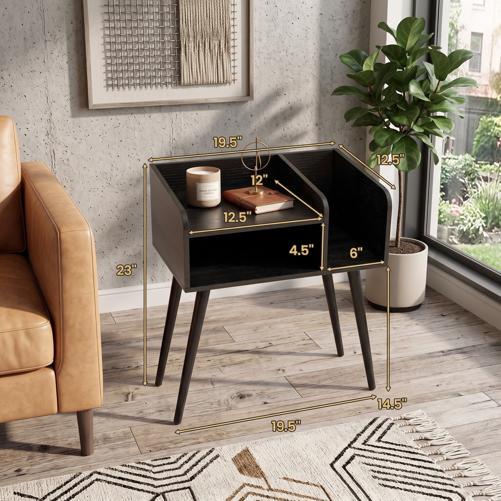 Furnibear Mid Century Modern Nightstand with Open Shelves and Metal Legs for Bedroom Living Room and Small Spaces as a Bedside End Table, Black