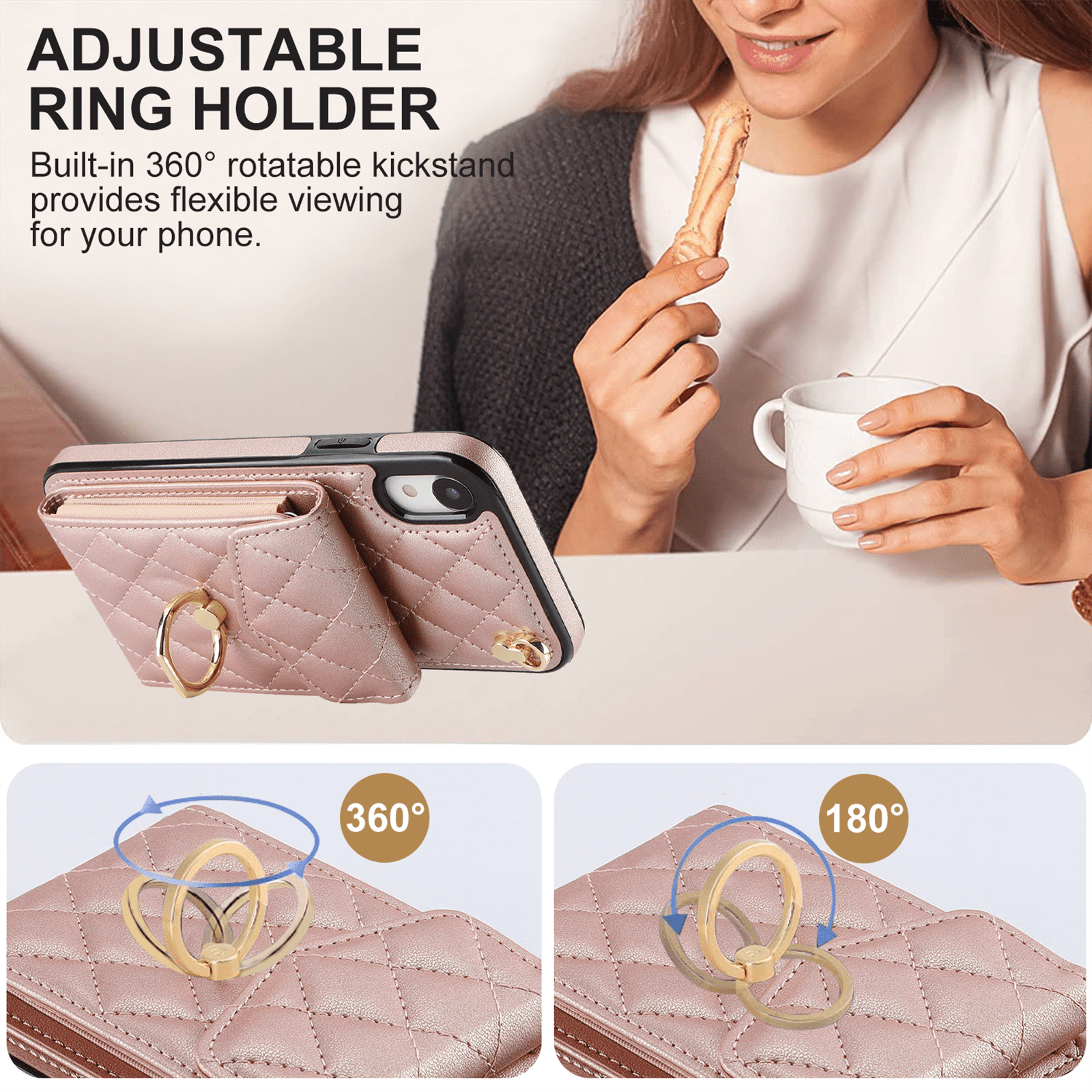 Asuwish Wallet RFID Blocking PU Leather Cell Phone Case with Tempered Glass Screen Protector, Wrist Strap for iPhone XR, Rose Gold