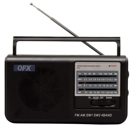QFX Portable 4-Band AM/FM/SW1/SW2 Radio with Headphone Output, Black, R-3
