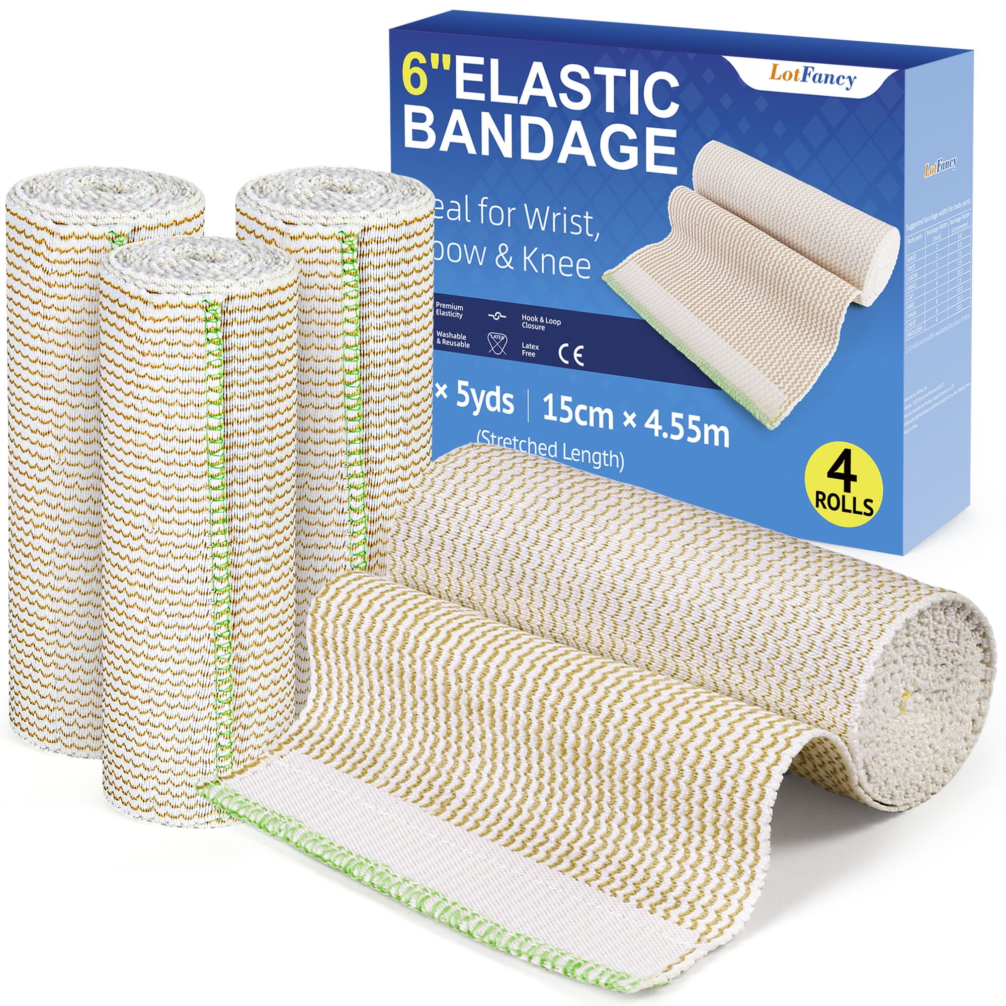 LotFancy 4 Pack Cotton Compression Bandages 6 inches x 15 feet, Hypoallergenic Compression Roll