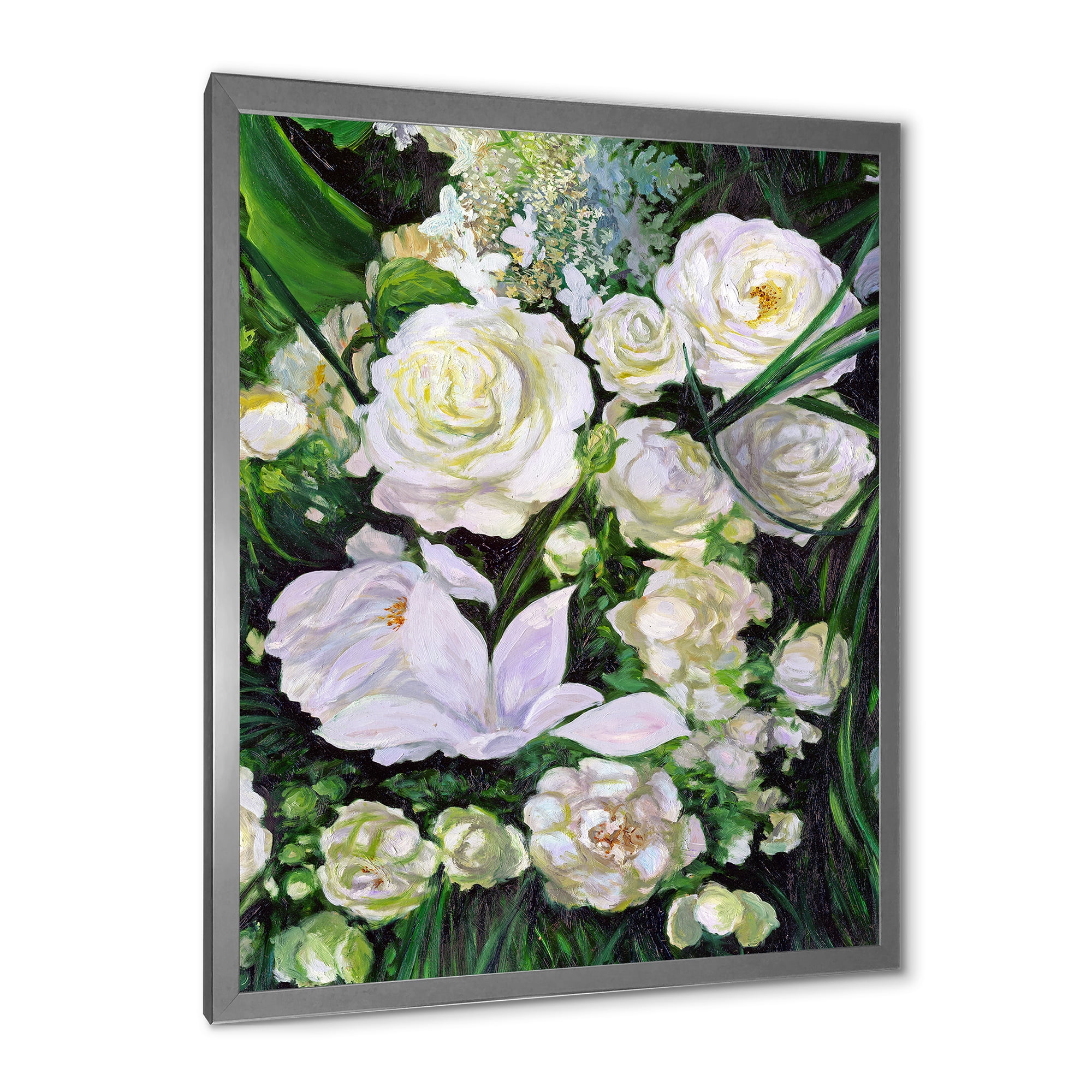 Designart 'Bouquet Of White Roses With Green Leaves' Traditional Framed Art Print