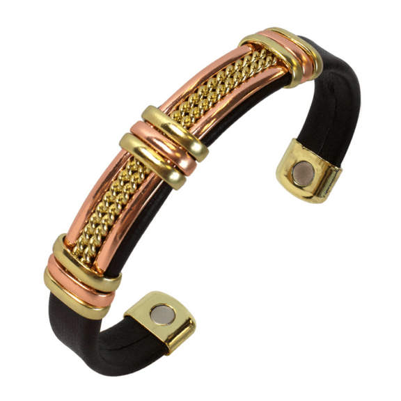 Earth Therapy Chain Pattern Gold Leatherette Copper Magnetic Cuff Motorcycle Bracelet for Men & Women - Adjustable - Ultra Strength