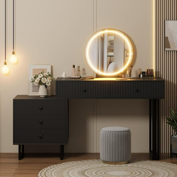 Garvee Black Vanity Desk with Mirror & Lights – Compact Makeup Vanity with 5 Drawers, Adjustable Brightness & 3 Light Colors, Modern Bedroom Organizer
