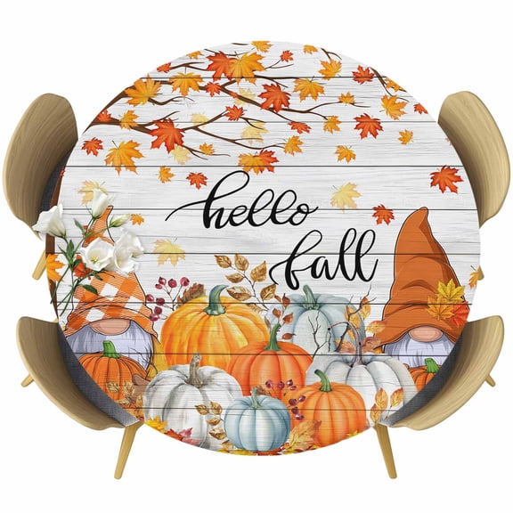Orange Pumpkin Gnomes Fall Round Tablecloth, Fitted Table Cover with Elastic for 36"-44" Round Tables, Branches Thanksgiving Leaves Wooden Table Cloth Outdoor Dinning Party Waterproof Tablecloths