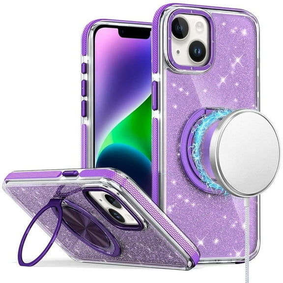 For Apple iPhone 15 Case, Slim Bling Glitter Sparkly Shimmer Hybrid with Magnetic Ring and 360° Rotational Stand [Compatible with Magsafe] Phone Cover (Purple)