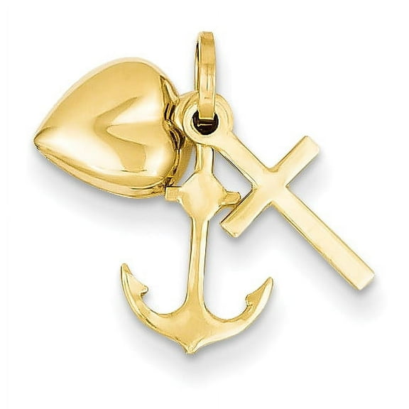 14k Yellow Gold Heart Cross and Anchor Charm Pendant