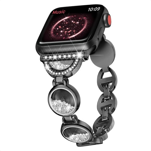 KOMI Compatible with Apple Watch Band 42mm 44mm 45mm, Ambilight for Women, Easy Adjustable Bracelet, Bling Dimond Sand in Circle, Jewelry Metal Strap for iWatch Series 7 6 5 4 3 2 1 SE (Black)