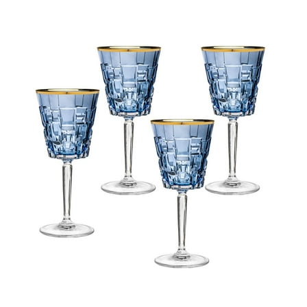 Godinger Goblet Wine, Liquor Beer Glasses with Gold Rim, Blue Set of 4