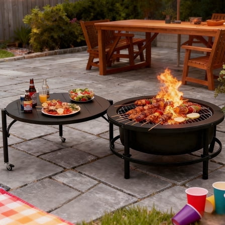 Expandable 52" Fire Pits for Outside with 26" Fire Stove and Table, Cold-Rolled Steel Fire Pit Tables with BBQ Net, Poker, Grill Brush and Protective Cover