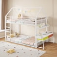 thumbnail image 4 of Low Bunk Bed Twin Over Twin with Desk and 2 Storage Drawers, Metal Floor Bunk Beds with Bookshelf & Side Pockets, House Shaped Twin Bunk Bed Frame with Safety Guardrail & Ladder, White, 4 of 12