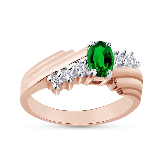 Oval Shape Natural Diamond And Simulated Emerald In 14K Rose Gold Over 925 Sterling Silver Ring Size 7.5