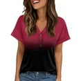 thumbnail image 2 of WTOBBY Women's Ombre Dye Raglan Sleeve Casual Pullover Top, V-Neck Short Sleeve Blouse with Geometric Print for Outdoor Activities,Wine L, 2 of 5