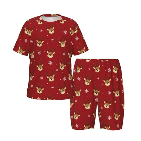 Picia Reindeer Faces Festive Red Printed Boys  Kids-PJ Snug Fit Cotton Short Sleeve Top and Shorts 2 Piece Pajama Set-XX-Large
